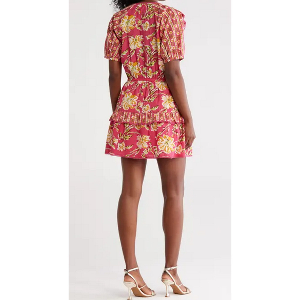 Maisie Floral Cotton Mini Dress L NWT Puff Sleeve Tiered Boho Pink‎ Sundress